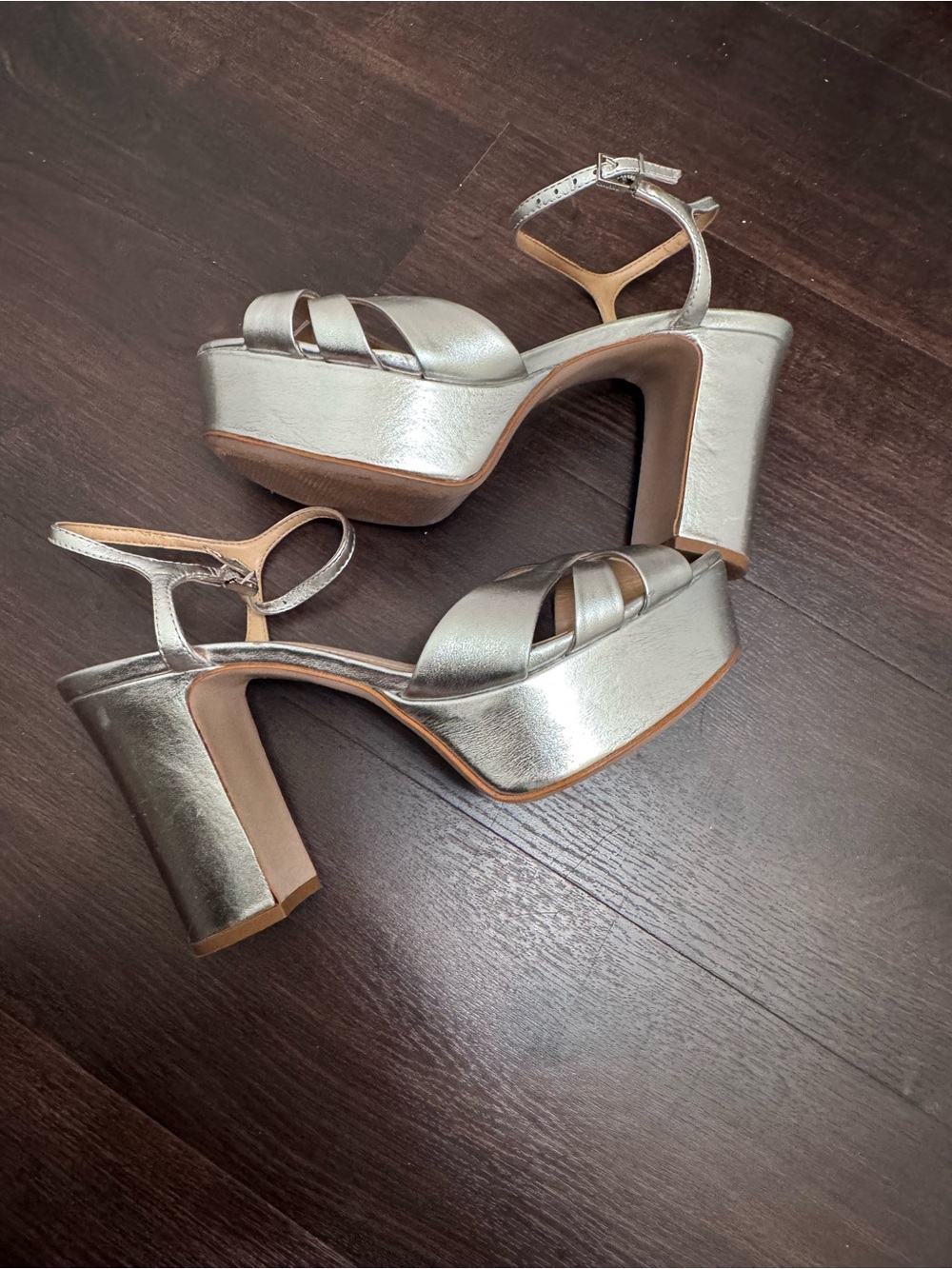 SCHUTZ Silver Metallic Platform Block Heel Sandals